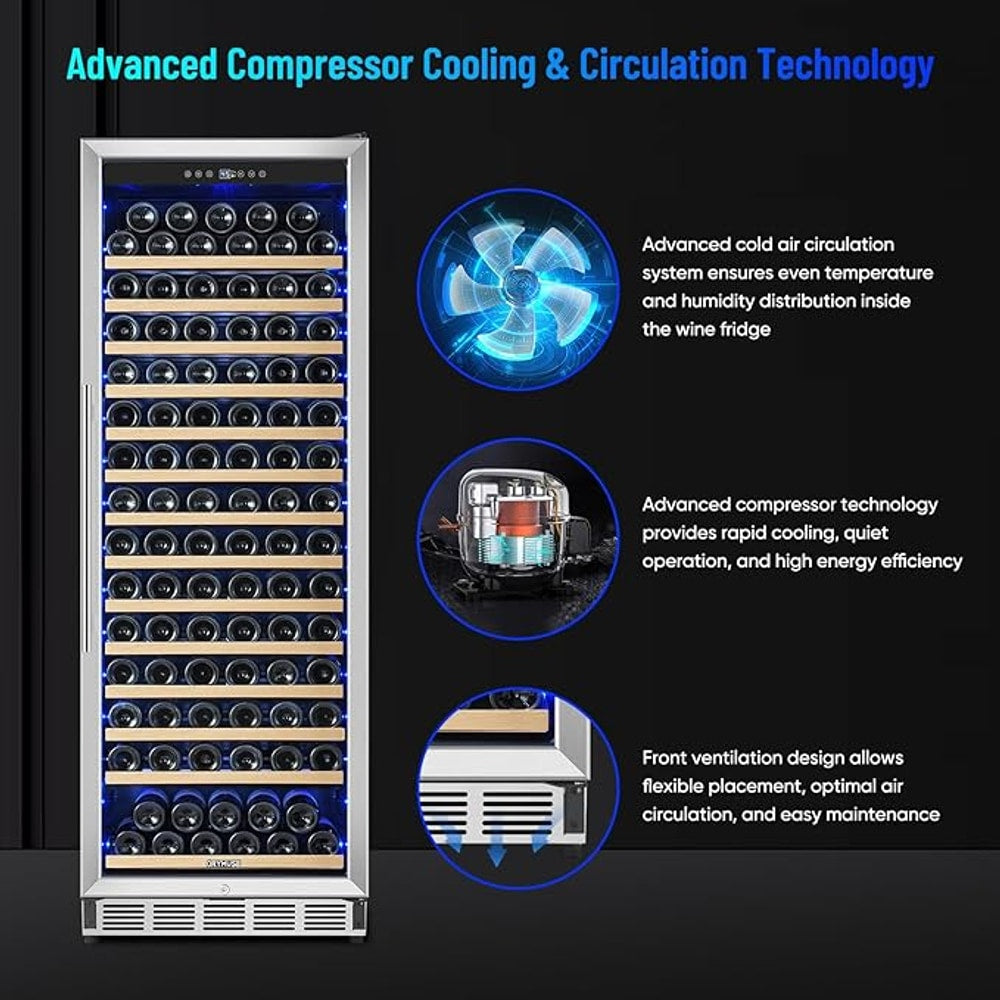 Freestanding 180 Bottle Wine Fridge - 24" Built-in Cooler with Upgraded Compressor Cooling and Intelligent Temperature Memory, Large Capacity Refrigerator