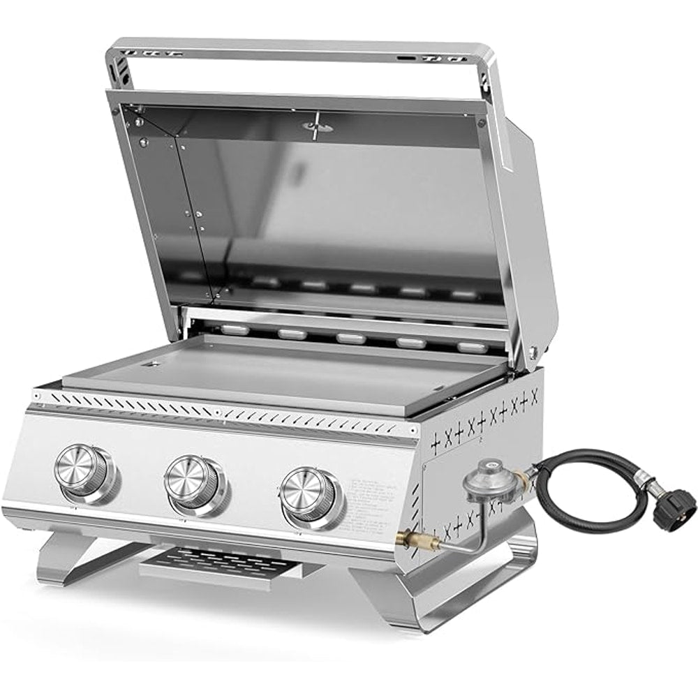 3-Burner 24,000 BTU Portable Flat Top Propane Gas Grill, Heavy-Duty Stainless Steel 2-in-1 Tabletop Grill and Griddle Combo for Commercial BBQ, Outdoor Cooking, Camping,Tailgates & Backyard