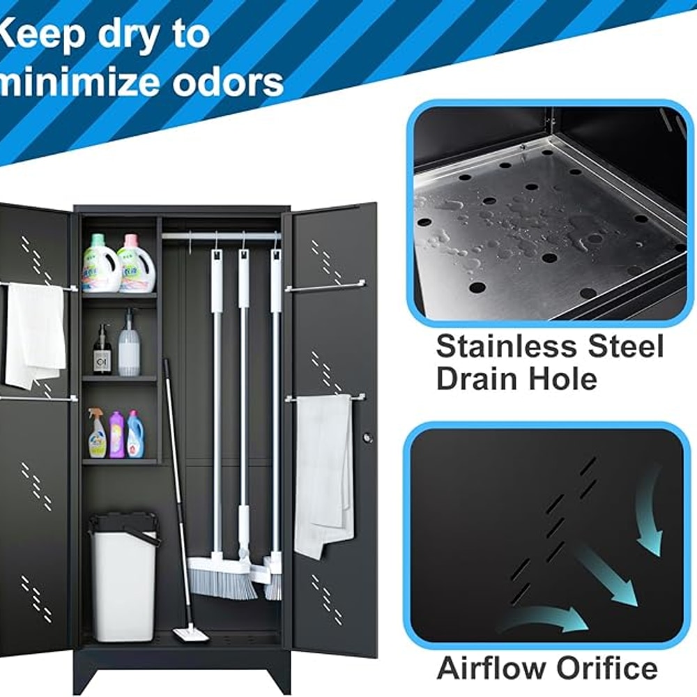 75" Metal Storage Cabinet, Tool Cabinets with Hooks, Garage Storage Cabinet with Lock, Heavy-Duty Tool Cabinet for Utility Room, Gym, Basement, Broom Closet Cabinet, Black