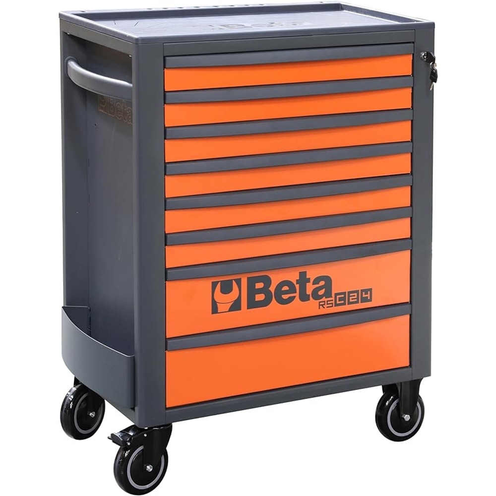 Beta RSC24 Heavy Duty Rolling Tool Cabinet, 8 Drawers, Orange, Ball Bearing Slides, Rubber Mat Liners, 5" Casters, Anti-Fall Edge Worktop, 1760 lbs Load Capacity, Made in Italy