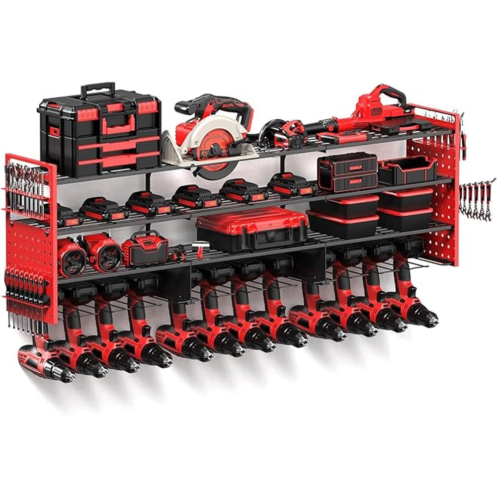 Power Tool Organizer Wall Mount with 12 Drills Holder, 49" Heavy Duty 4-Tier Power Tool Storage Rack, DIY Pegboard Side Panels,4 Long Hooks, Garage Metal Tool Shelf for Battery,Drills