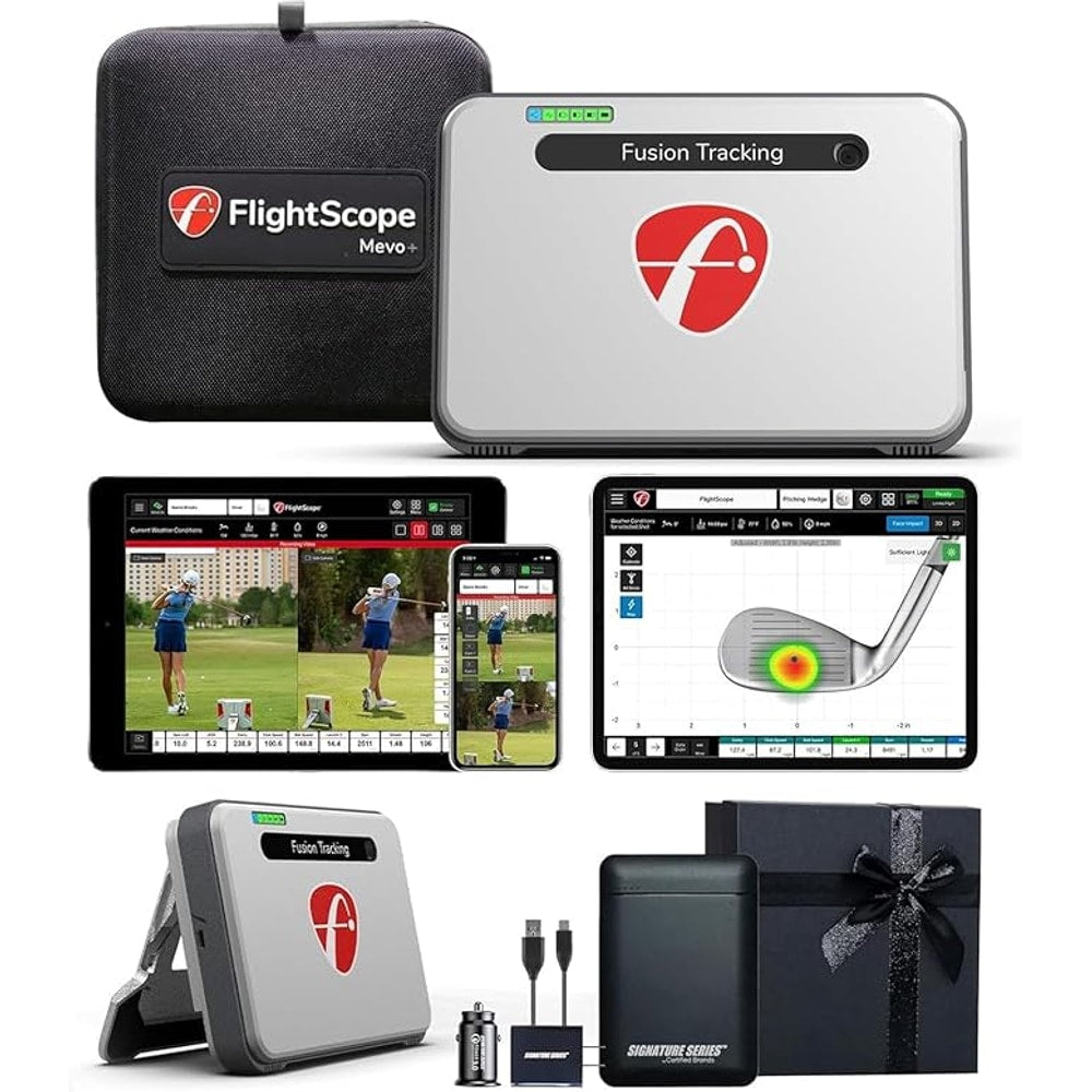 FlightScope Mevo+ Portable Golf Launch Monitor, Rangefinder and Simulator with Signature Power Bundle | 20+ Full Swing & Short Game Data Stats, 12 Courses, 17 Practice Ranges Included