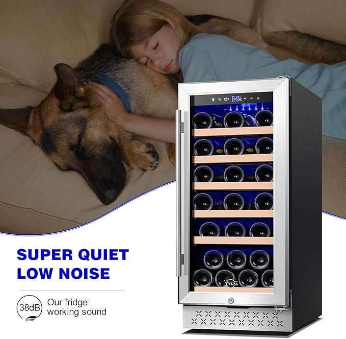 Tylza 15 Inch Wine Cooler Under Counter, 33 Bottle Built-in Wine Fridge with Stainless Steel Tempered Glass Door, Temp Memory Function, Freestanding Fast Cooling Wine refrigerator, Quiet Operation
