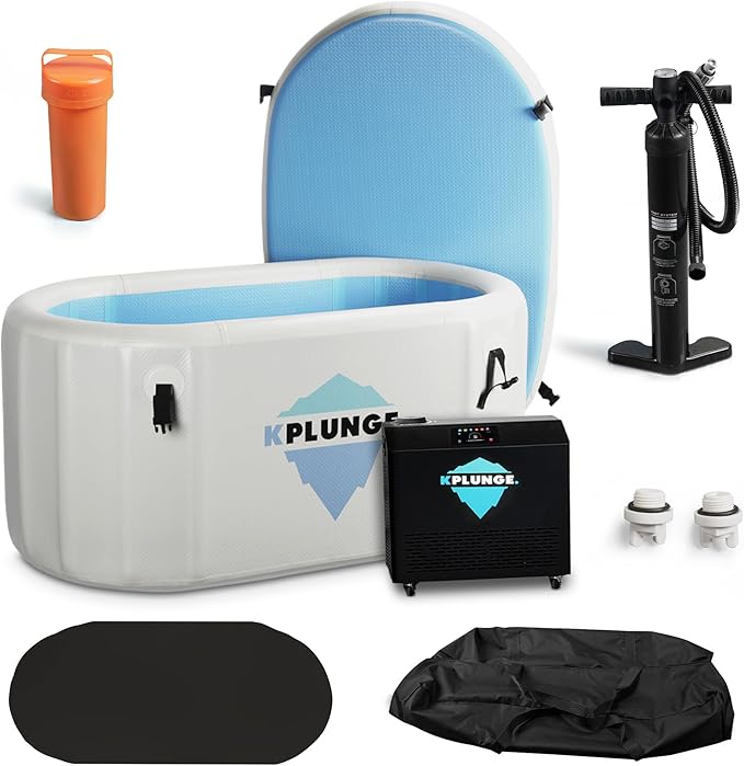 Kodiak 59" 1-Person Inflatable Cold Plunge Ice Bath or Hot Tub with 3/4 HP Chiller and Heater, PVC Insulated Lid, Hand Pump, Repair Kit, 110-Gallon Capacity, Indoor/Outdoor Tub ā Gray