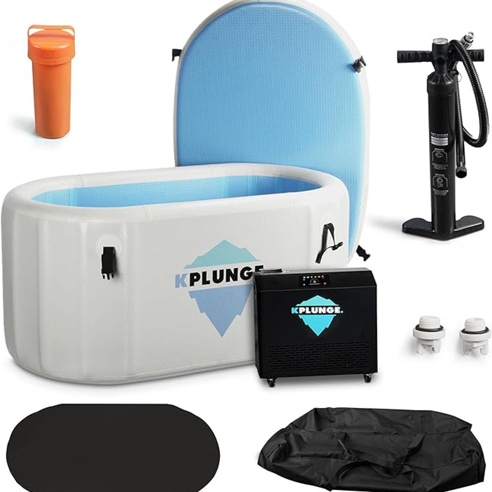 Kodiak 59" 1-Person Inflatable Cold Plunge Ice Bath or Hot Tub with 3/4 HP Chiller and Heater, PVC Insulated Lid, Hand Pump, Repair Kit, 110-Gallon Capacity, Indoor/Outdoor Tub – Gray