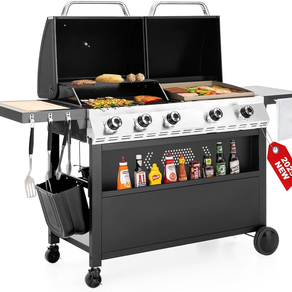 5 Burner Griddle Grill Combo, 2 in 1 Propane Gas BBQ Grill with Porcelain-Enameled Cast Iron Grates & Pan, Outdoor Flat Top Griddle, 695 Sq. In. Propane Barbecue Grill for Patio Backyard Balcony