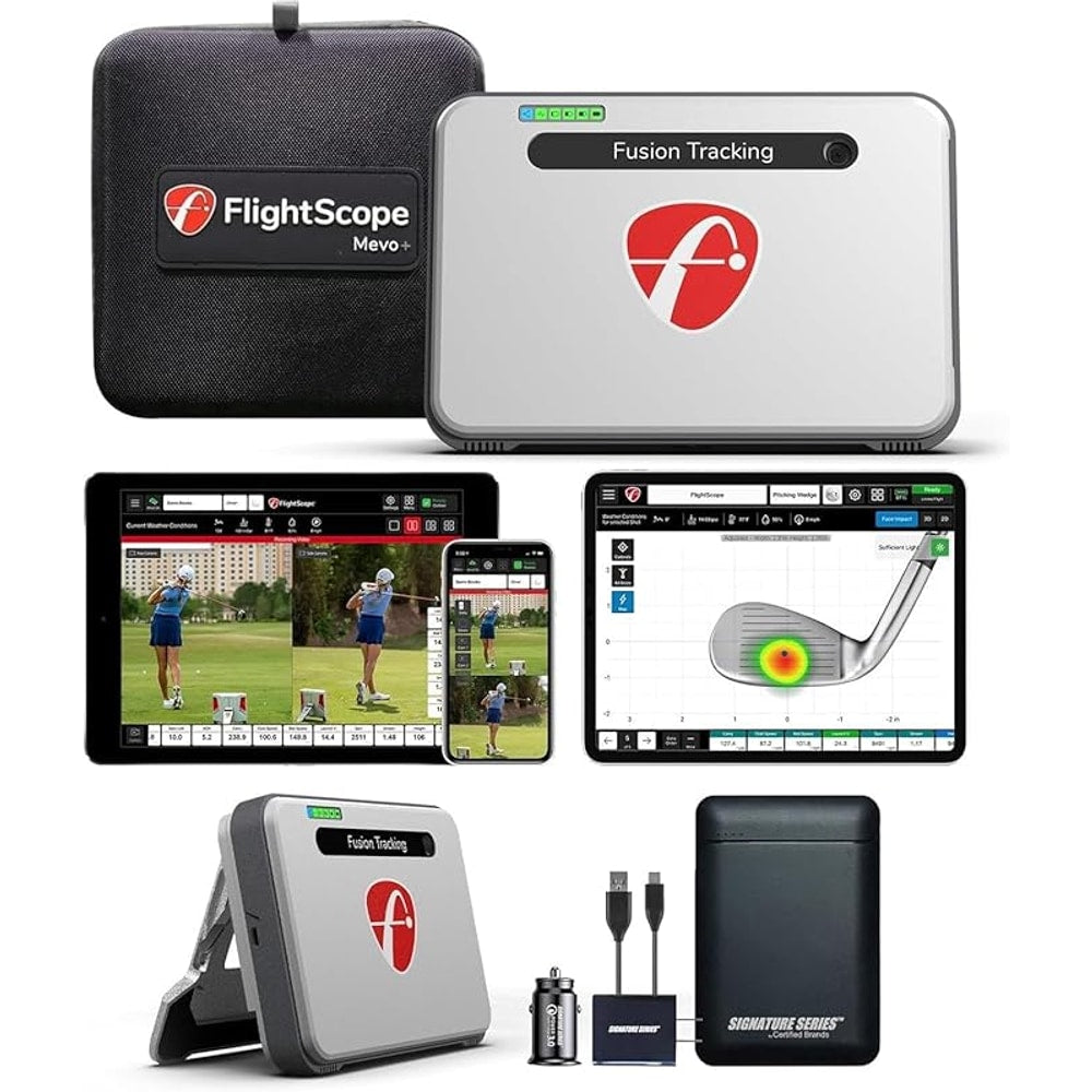 FlightScope Mevo+ Portable Golf Launch Monitor, Rangefinder and Simulator with Signature Power Bundle | 20+ Full Swing & Short Game Data Stats, 12 Courses, 17 Practice Ranges Included