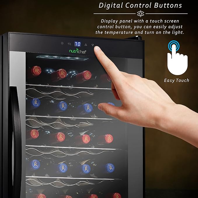 Nutrichef 24 Bottle Wine Fridge | Single Zone Wine Chiller | Adjustable Temperature Control 41°F to 64°F | Ultra Quiet Operation | Wine Cooler For Home & Office | Free Standing 29x16x17 IN