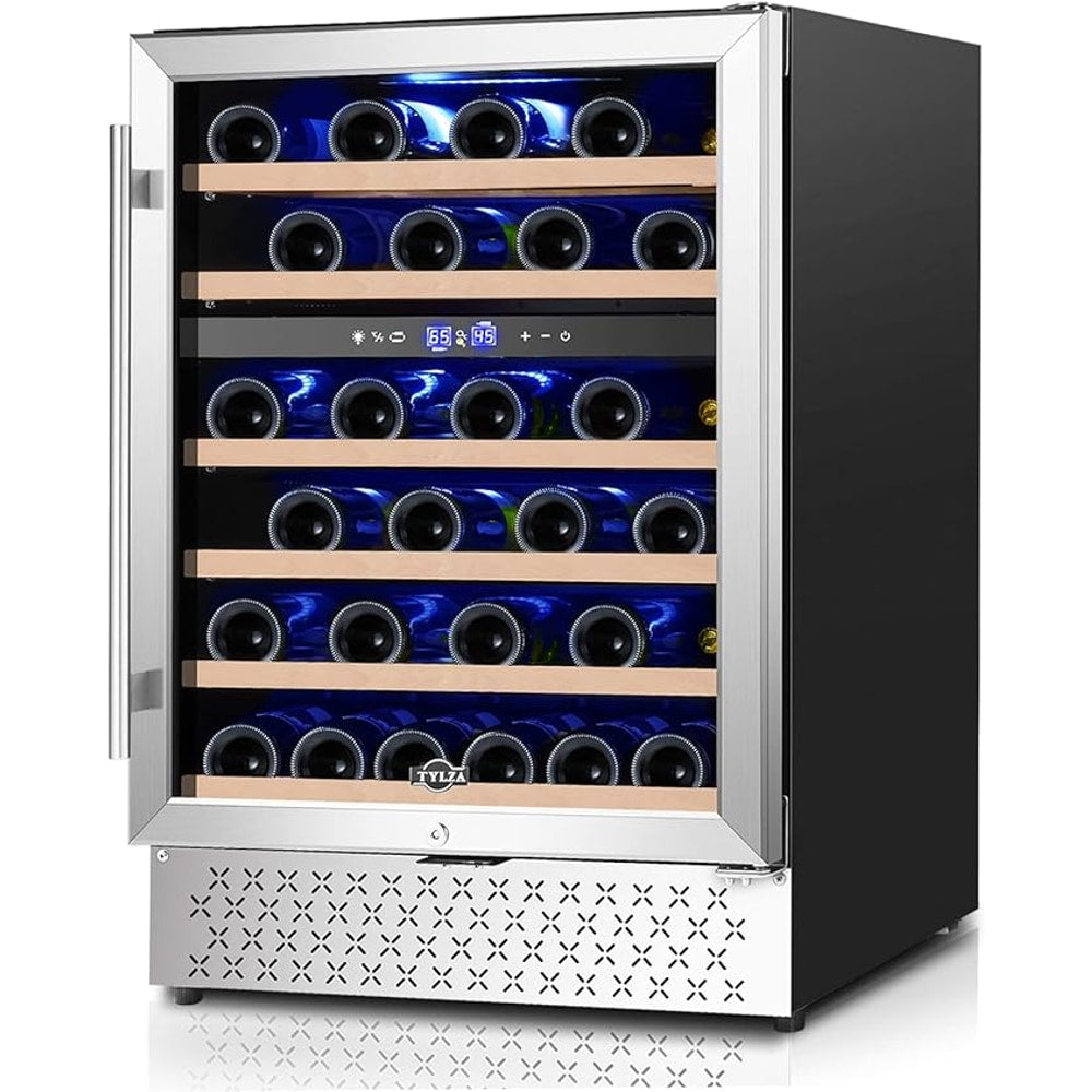 Tylza 24 Inch Dual Zone Wine Cooler Refrigerator, 46 Bottle Built-in or Freestanding, 24'' Wine Fridge with Stainless Steel & Professional Compressor and Temperature Memory Function
