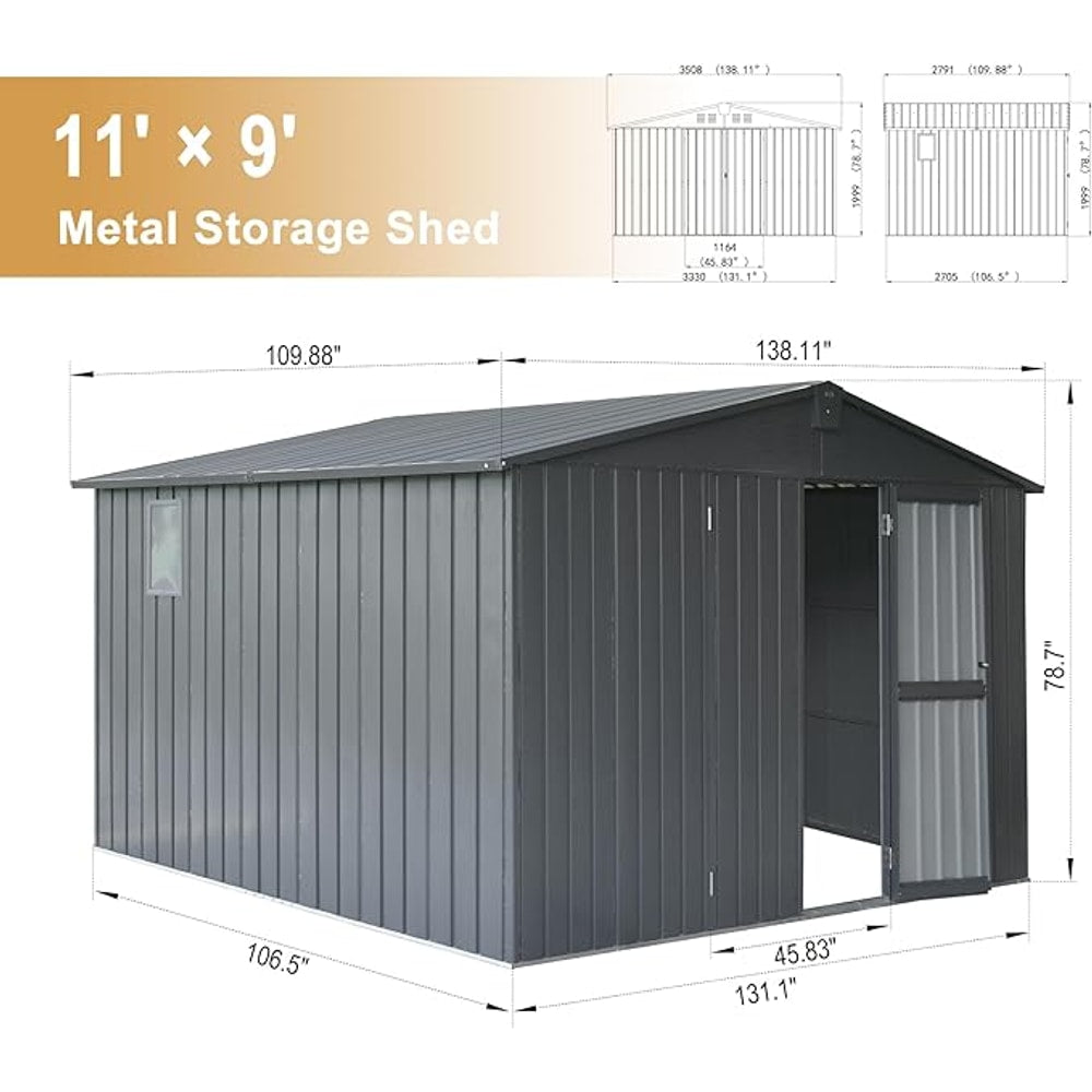 Domi Outdoor Storage Shed 11’ x 9’, Metal Sheds with Galvanized Steel Frame & Windows & Lockable Door, Garden Shed Tool Storage Room for Patio, Grey