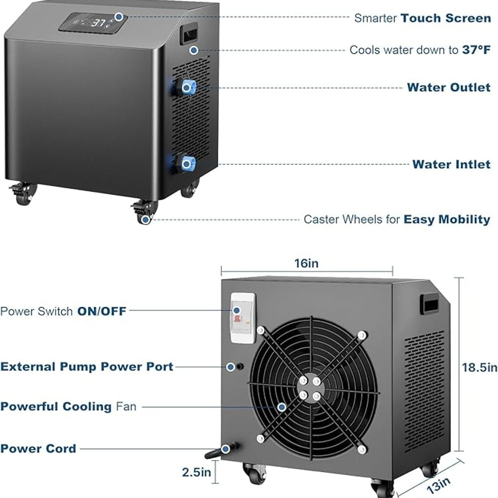 Ice Bath Water Chiller for Cold Plunge Tubs, 1HP Upgraded Cold Plunge Chiller with External Filter & Pump, Submersible Pump, Insulated Hoses, 110V Cooling Chiller for for Cold Therapy Recovery
