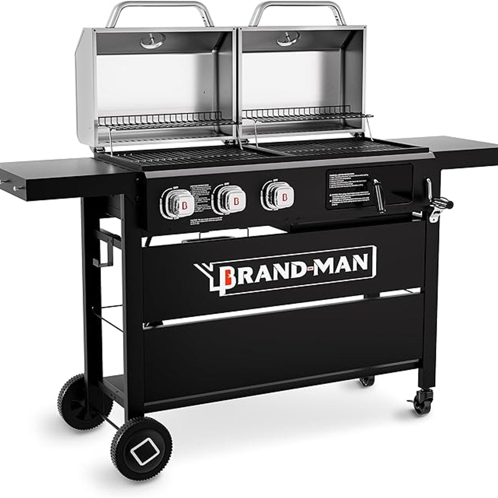Brand-Man Propane Gas and Charcoal Grill Combo, Dual Fuel BBQ Combo Grill with Stainless Steel Dual Lids & 2 Side Shelves for Outdoor Kitchen & Backyard Barbecue Cooking