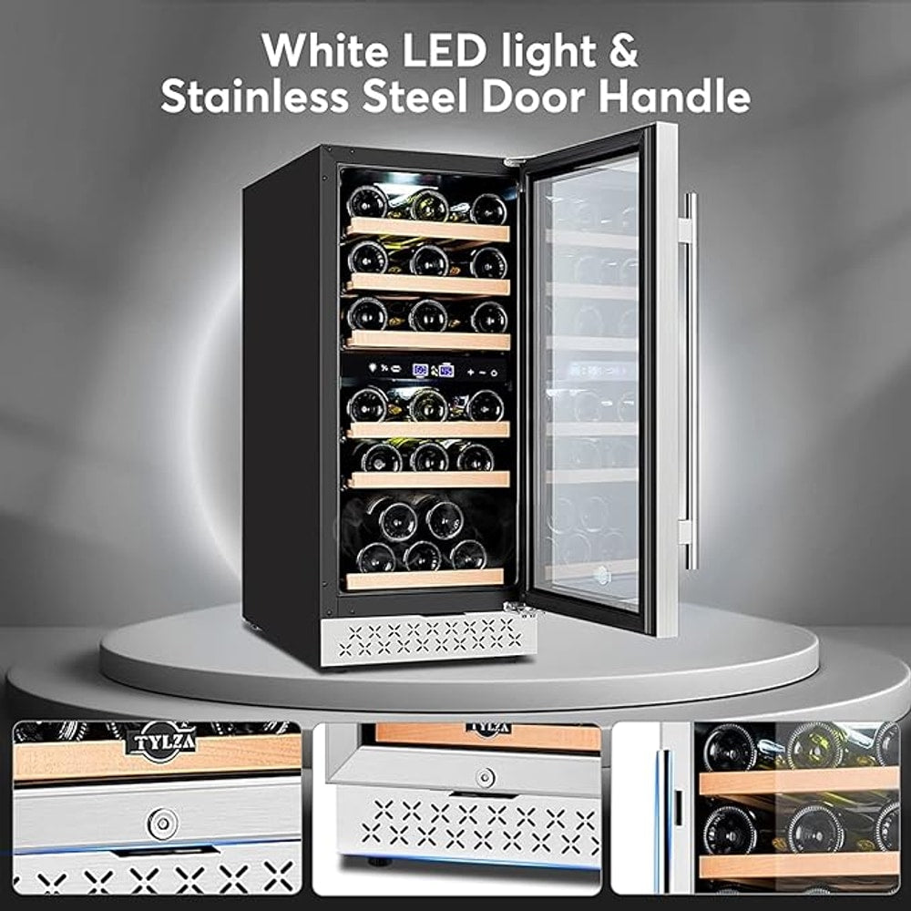 Tylza Mini Fridge 15 Inch Wine Cooler Under Counter, 33 Bottle Dual Zone Wine Fridge with Stainless Steel, Wine Refrigerator Freestanding, Built-in Wine Cellars