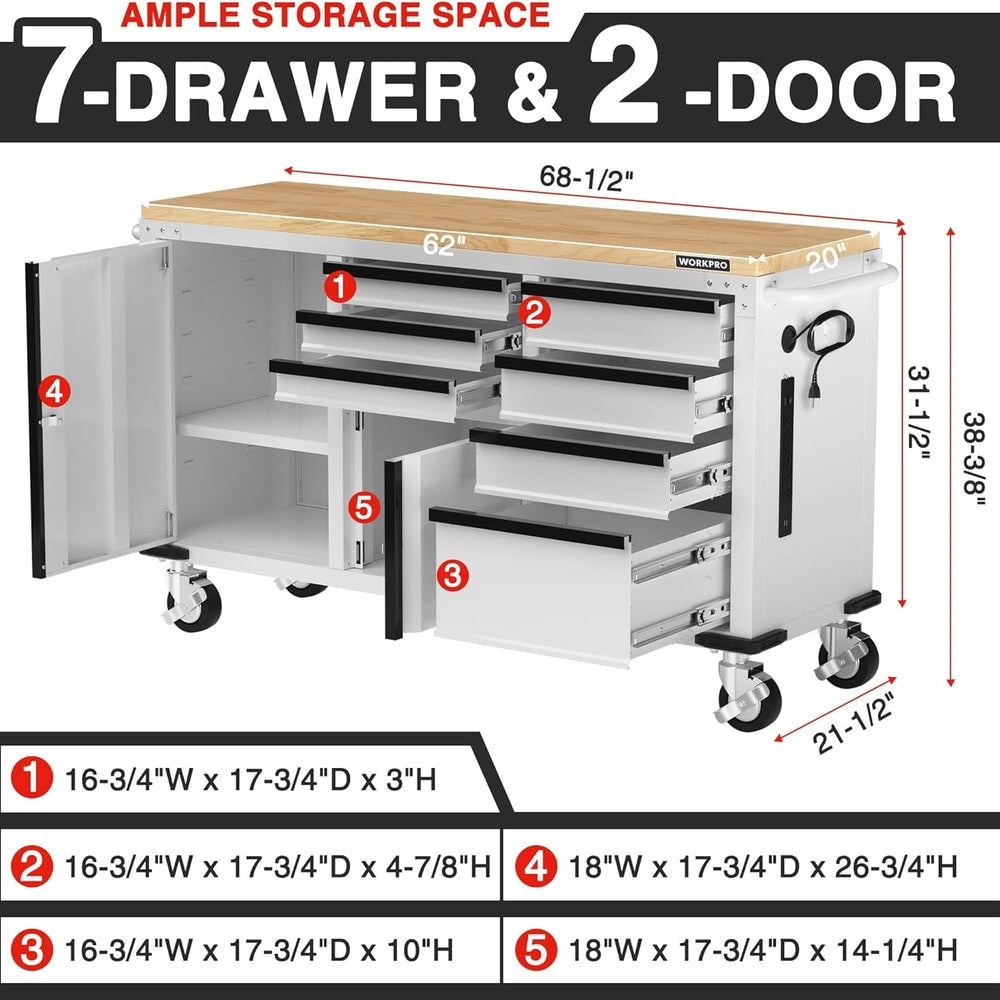 WORKPRO 62" x 20" 7-Drawer & 2-Door Rolling Tool Chest, Mobile Tool Storage Cabinet with Power Strip, Locking System, Heavy Duty Rolling Cabinet for Garage, Warehouse & Kitchen, 1000 lbs Capacity
