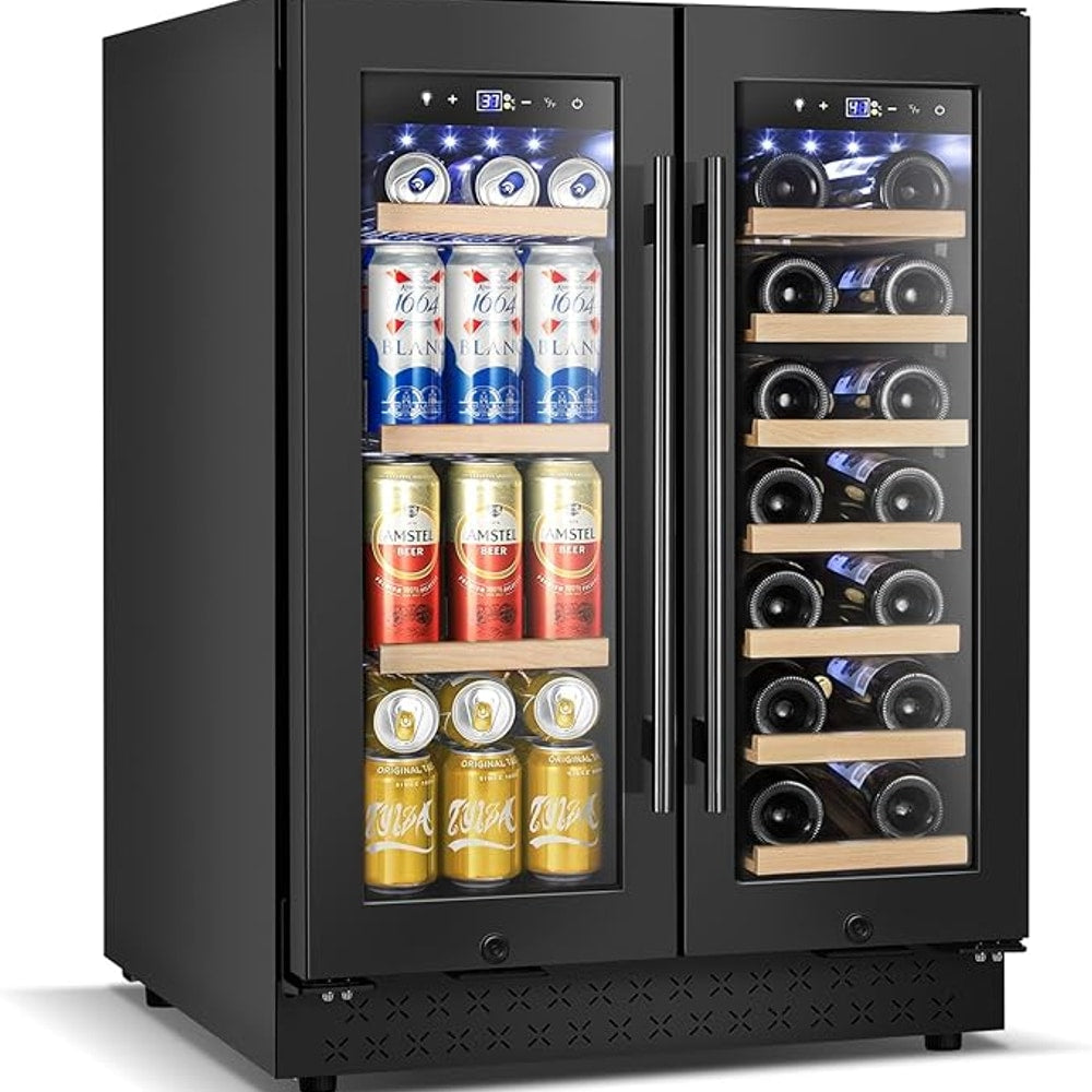 Wine and Beverage Refrigerator with Glass Door, 24-Inch Dual Zone Wine Fridge Under-Counter,4.6 Cu.Ft. 65 Cans and 20 Bottles Wine Cooler,Built-in or Freestanding Wine and Drink Fridge with Blue Light