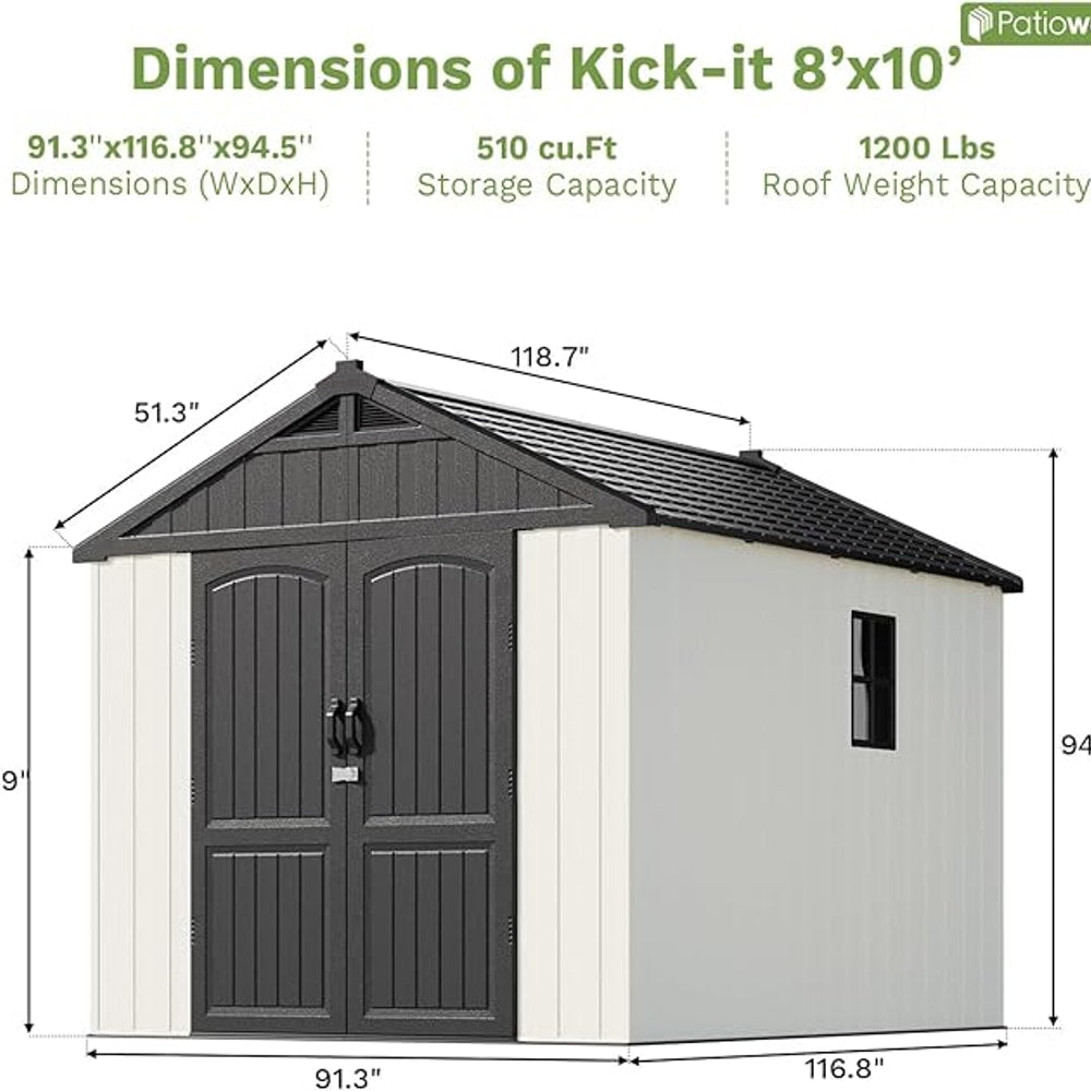Patiowell 8 x 10 FT Resin Outdoor Storage Shed with Floor and Light, Large Plastic Barn with Lockable Door for Garden Tools, Backyard, Bike Storage, Easy Installation in Beige (Kick-it Shed)