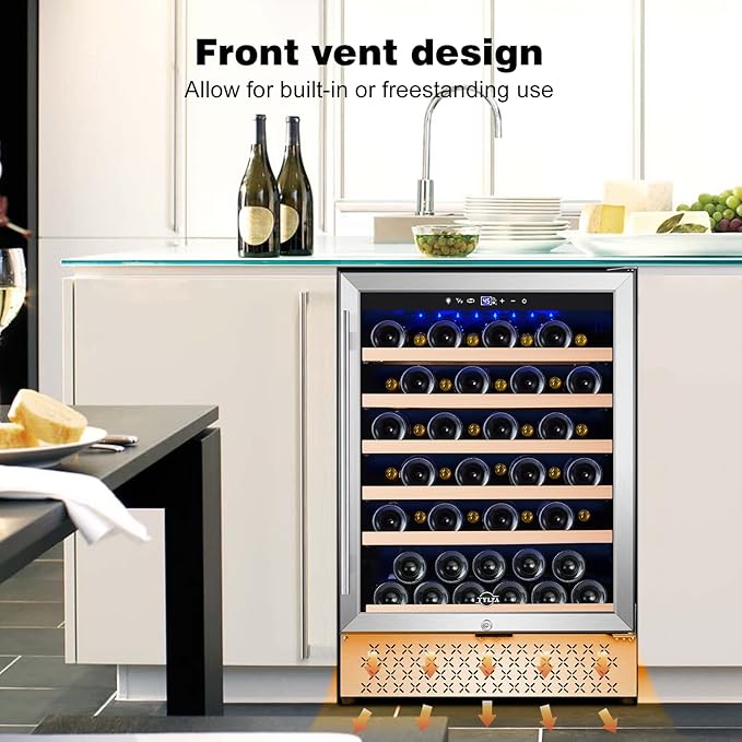 Tylza 24 Inch Wine Cooler Refrigerator, 51 Bottle Built-in or Freestanding, 24'' Fridge with Stainless Steel & Double Layer Tempered Glass Door and Temperature Memory Function
