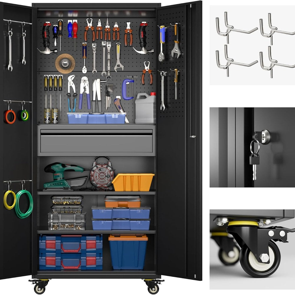 71" H Metal Garage Storage Cabinet with Locking Doors and 2 Adjustable Shelves, Rolling Tool Storage Cabinet with Wheels, Drawer, Pegboard and 16 Hooks for Garage, Warehouse, Black