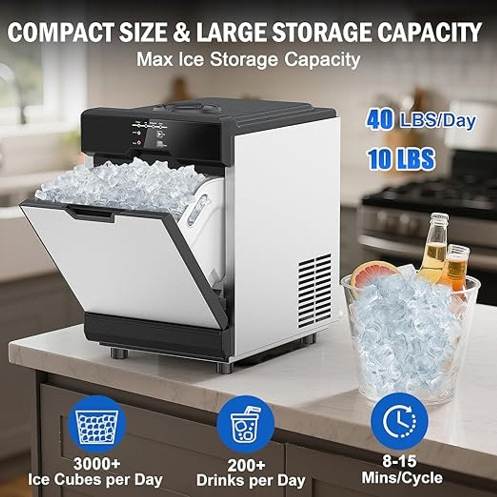 Nugget Ice Maker Countertop, 40 LBS/Day with 10 LBS Storage Bin, Freestanding/Countertop Ice Maker Machine Stainless Steel, Soft Chewable Pellet Ice Machine for Home Bar Kitchen Office, Self-Cleaning