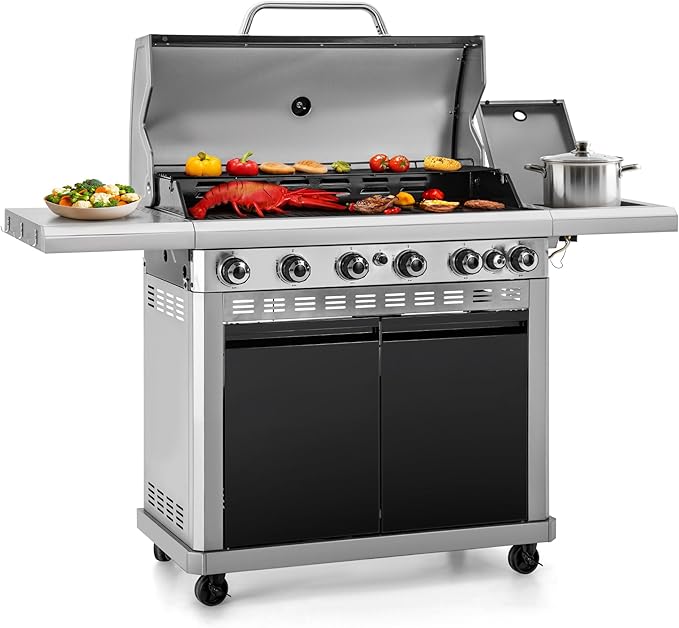 Captiva Designs 6-Burner Propane Gas BBQ Grill with Side Burner & Porcelain-Enameled Cast Iron Grate and Plate for Outdoor Barbucue Events, 52,000 BTU Output,740 SQ.IN. Cooking Area๏ผHeavy Duty