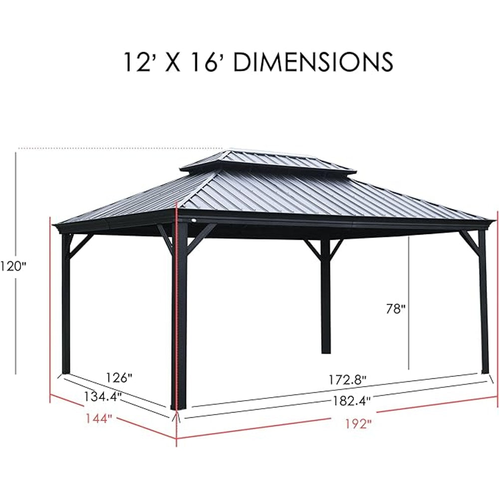Kozyard Alexander 12' X 16' Hardtop Permanent Aluminum Metal Gazebo with Galvanized Steel Double Roof Canopy, Curtain and Netting Pavilion for Patio, Backyard, Deck, Lawn (Gray)