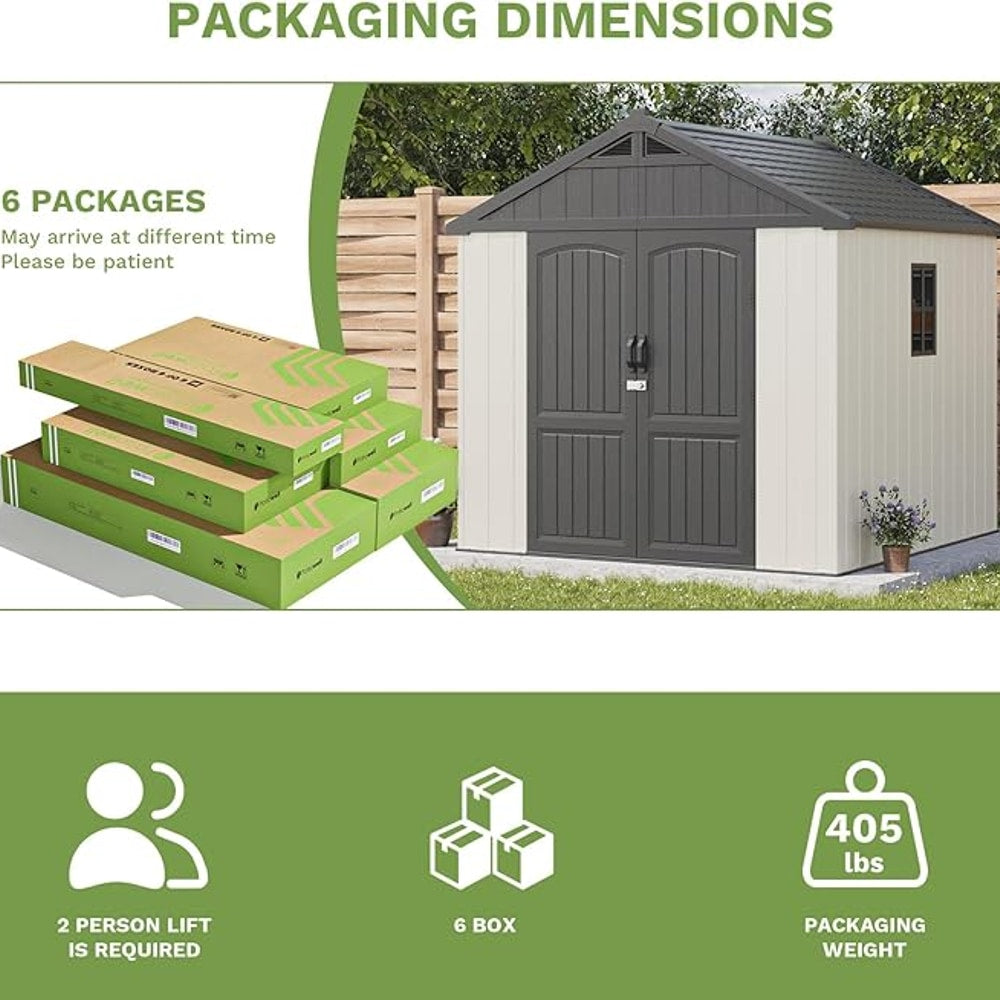 Patiowell 8 x 8 FT Plastic Outdoor Storage Shed with Floor, Resin Shed with Window and Lockable Door for Garden, Backyard, Tool Storage Use, Easy to Install in Beige (Kick-it Shed)