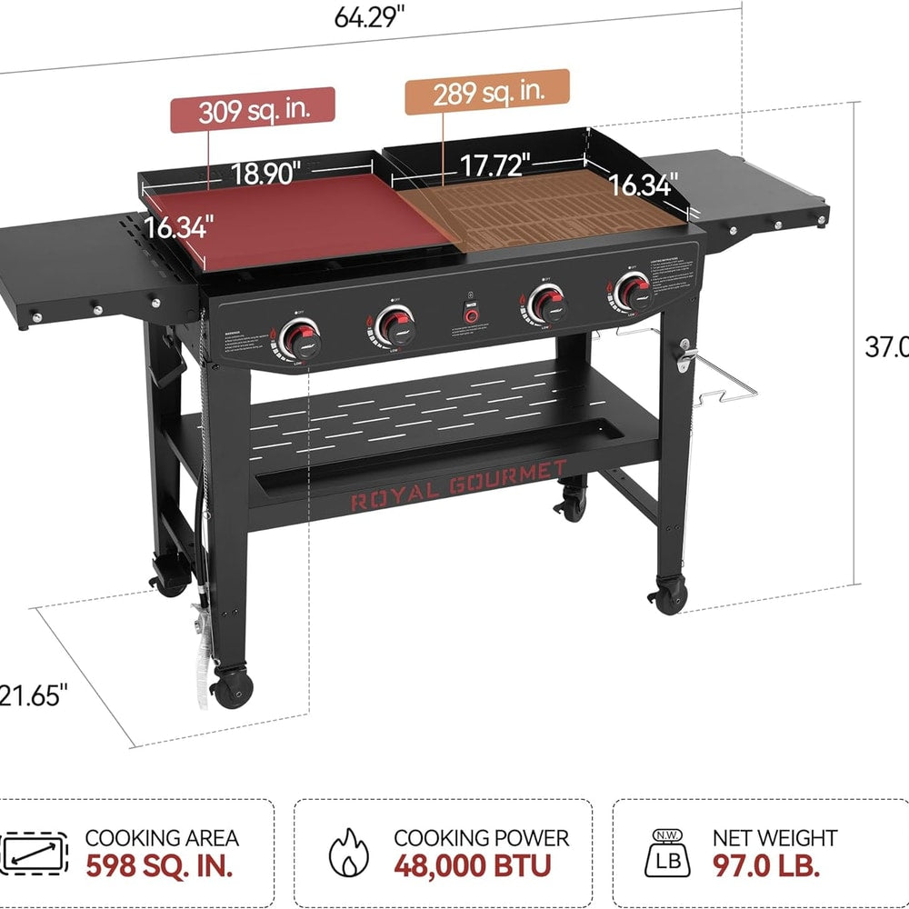 Royal Gourmet GD405A 4 Burner Propane Gas Grill and Griddle Combo with Grilling Gear Set, Griddle Grill Combo with Foldable Side Tables for Outdoor Cooking While Camping or Tailgating, Black