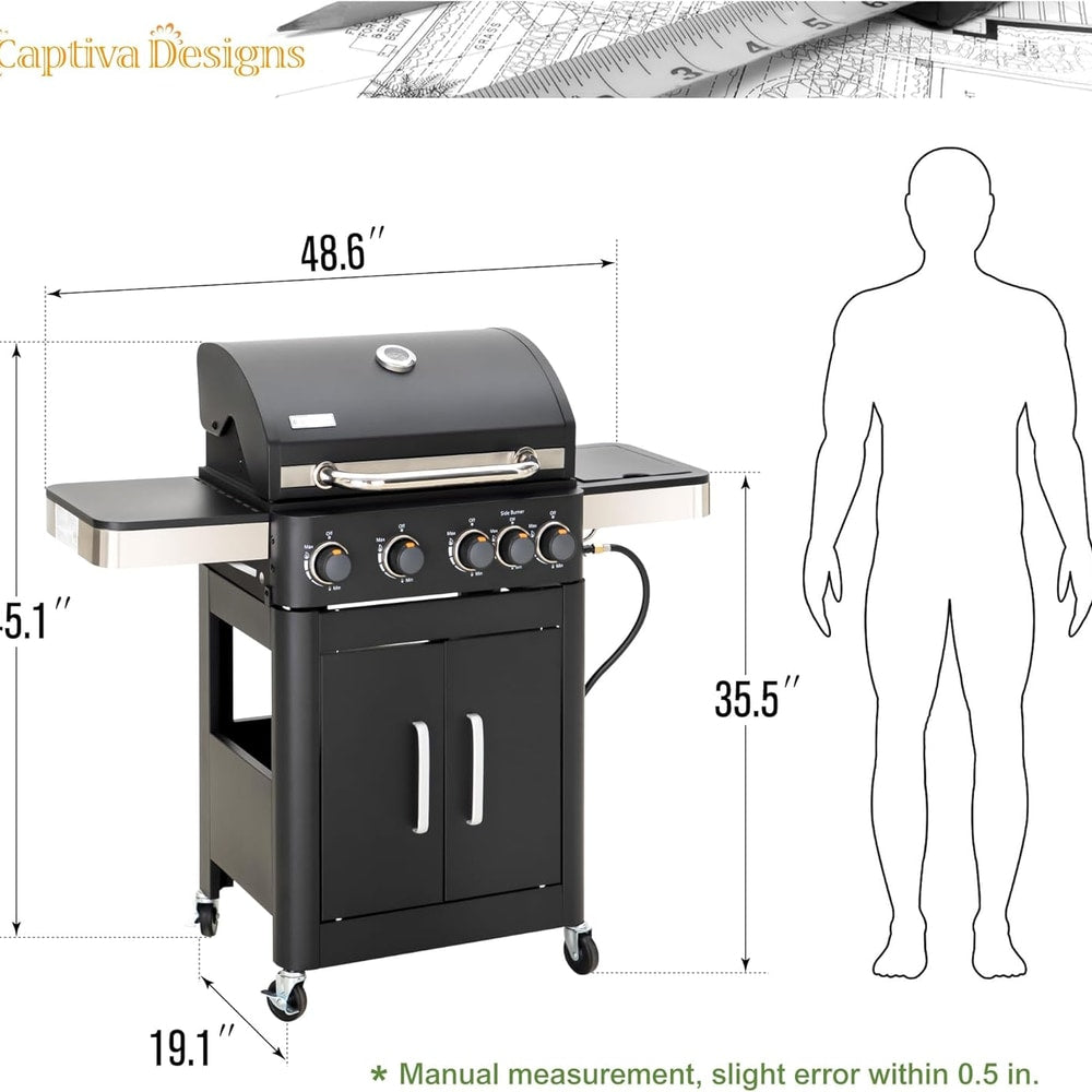 Captiva Designs 4-Burner Propane Gas BBQ Grill with Side Burner & Porcelain-Enameled Cast Iron Grates, 46,700 BTU Output for Outdoor Cooking Kitchen and Patio Backyard Barbecue, Black