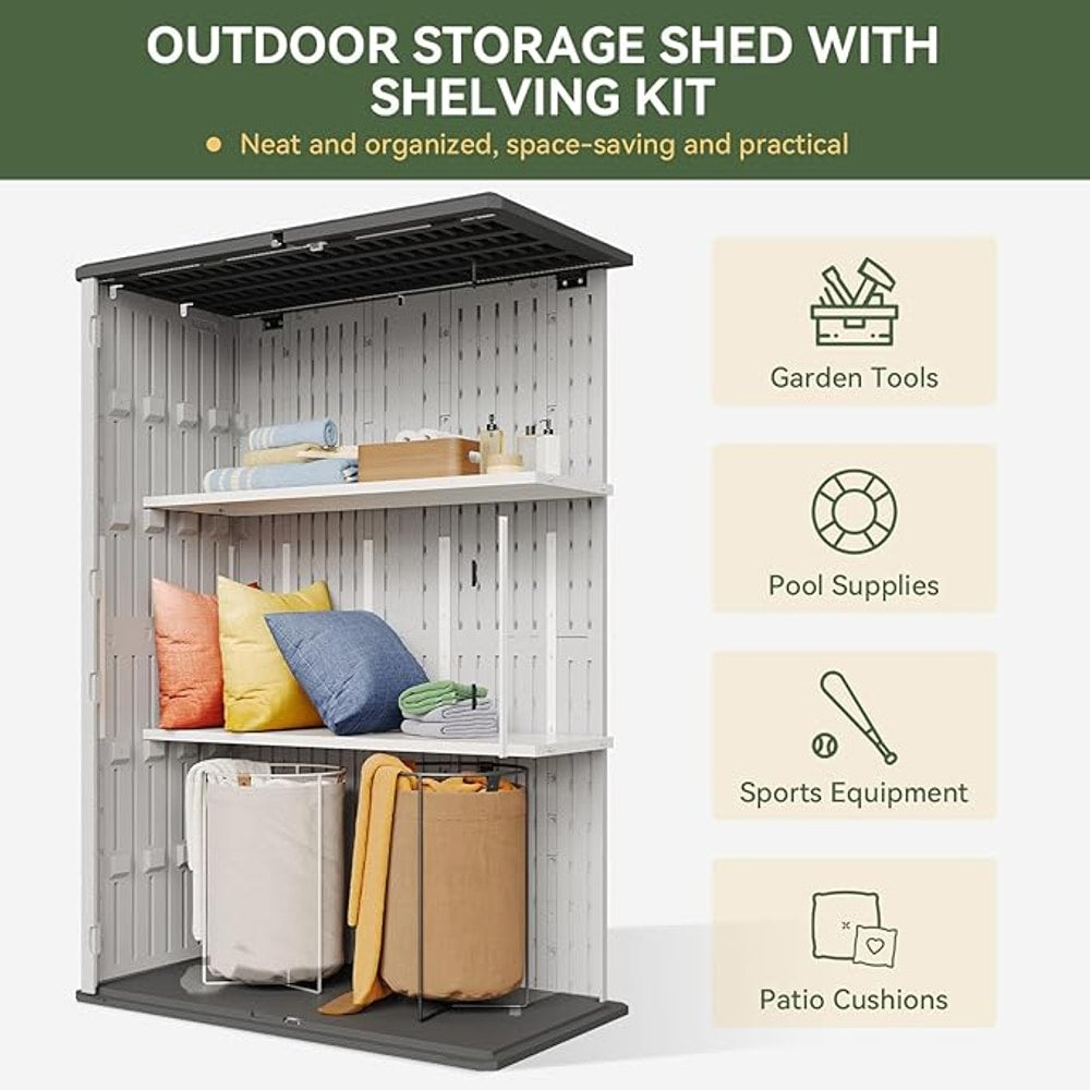 Aoxun White Resin Outdoor Storage Shed with 2 Shelves & Floor, 64 Cu.Ft Vertical Waterproof Cabinet for Garage, Pool, Bike, Garden Tools, Patio Furniture