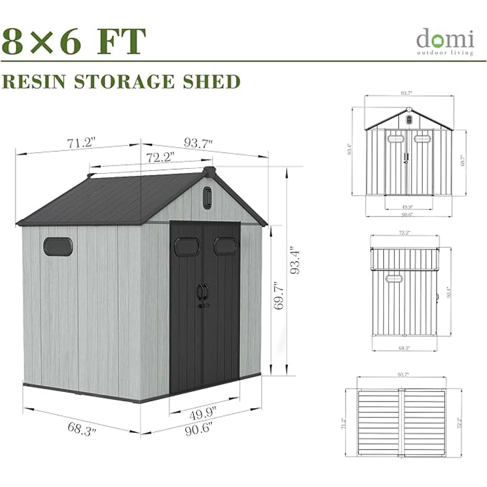 Domi 8x6FT Outdoor Resin Storage Shed with Transparent Windows & Louvered Vents, Plastic Tool Shed with Double Lockable Doors & Gable Roof, Outside Garden Shed for Backyard, Patio, Lawn, Grey