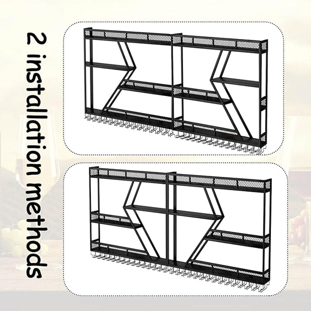 Wall Mounted Wine Rack with Glass Holder, 3-Tier Metal Storage Shelf, Black Diamond Design, Wine Bottle Display with Stemware Storage (Black, 63in/160cm)