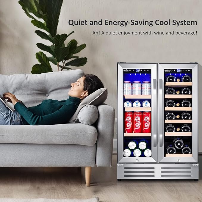 Wine and Beverage Refrigerator, 24 Inch Dual Zone Fridge with Glass Door, Built-In Cooler with Powerful and Quite Cool System/18 Bottles and 88 Cans Capacity Bverage Cooler