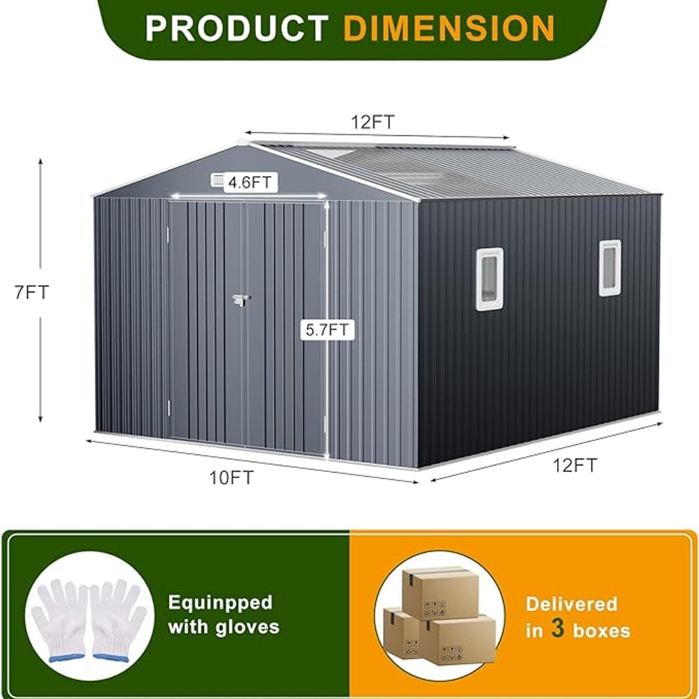 12x10 FT Metal Sheds & Outdoor Storage: Heavy Duty Garden Sheds with Dual Transparent Panels, DIY-installable Windows & Lockable Doors, Weatherproof Tool Shed for Backyard, Garden, Patio, Grey