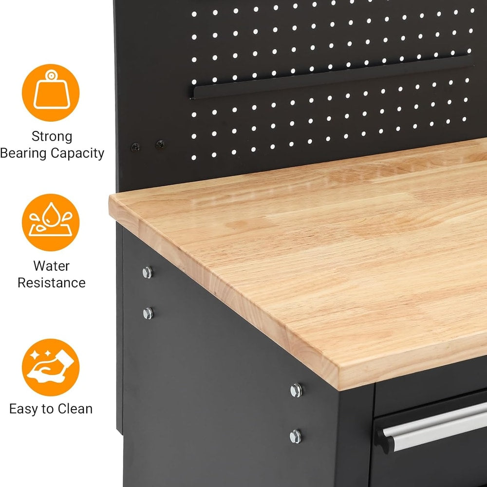 Heavy Duty 61" Tool Chest Cabinet, Mobile Garage Workbench with 10 Drawers and Power Strip, Rubber Wood Worktop, 1675 LBS Load, Rolling Tool Storage Organizer for Mechanic, Shop or Home Use
