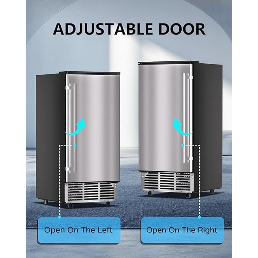 Commercial Ice Maker Machine Reversible Door 120LBS/Day, Undercounter Ice Makers 30LBS Storage Bin and 40 Ice Cubes, Icemaker Machine Brushed Metal with Water Line, Ice Scoop
