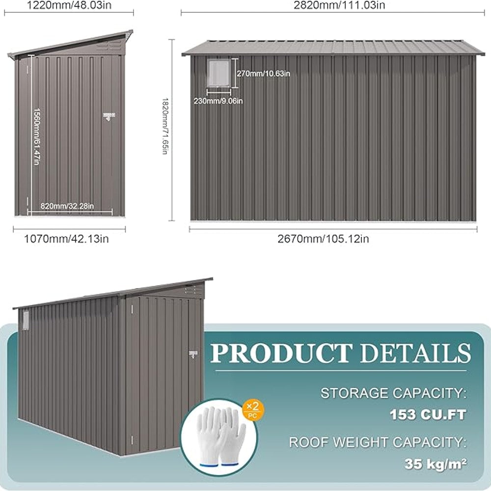 4 * 9.2 FT Outdoor Storage Shed, Galvanized Steel Garden Shed with Lockable Door & Window, Waterproof Metal Tool Storage for Garden, Backyard, Patio, Lawn(Gray)