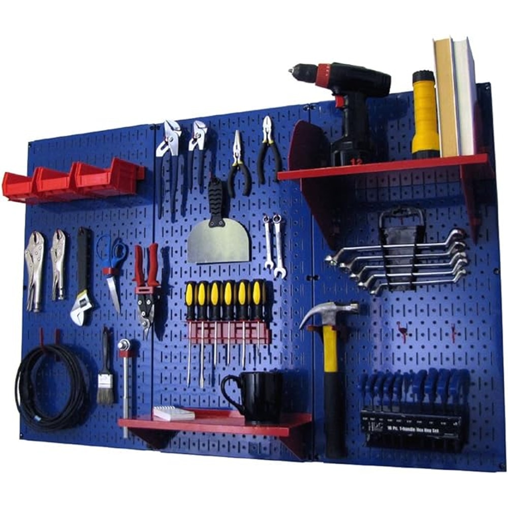 Wall Control Pegboard Organizer 4 ft. Metal Pegboard Standard Tool Storage Kit with Blue Toolboard and Red Accessories