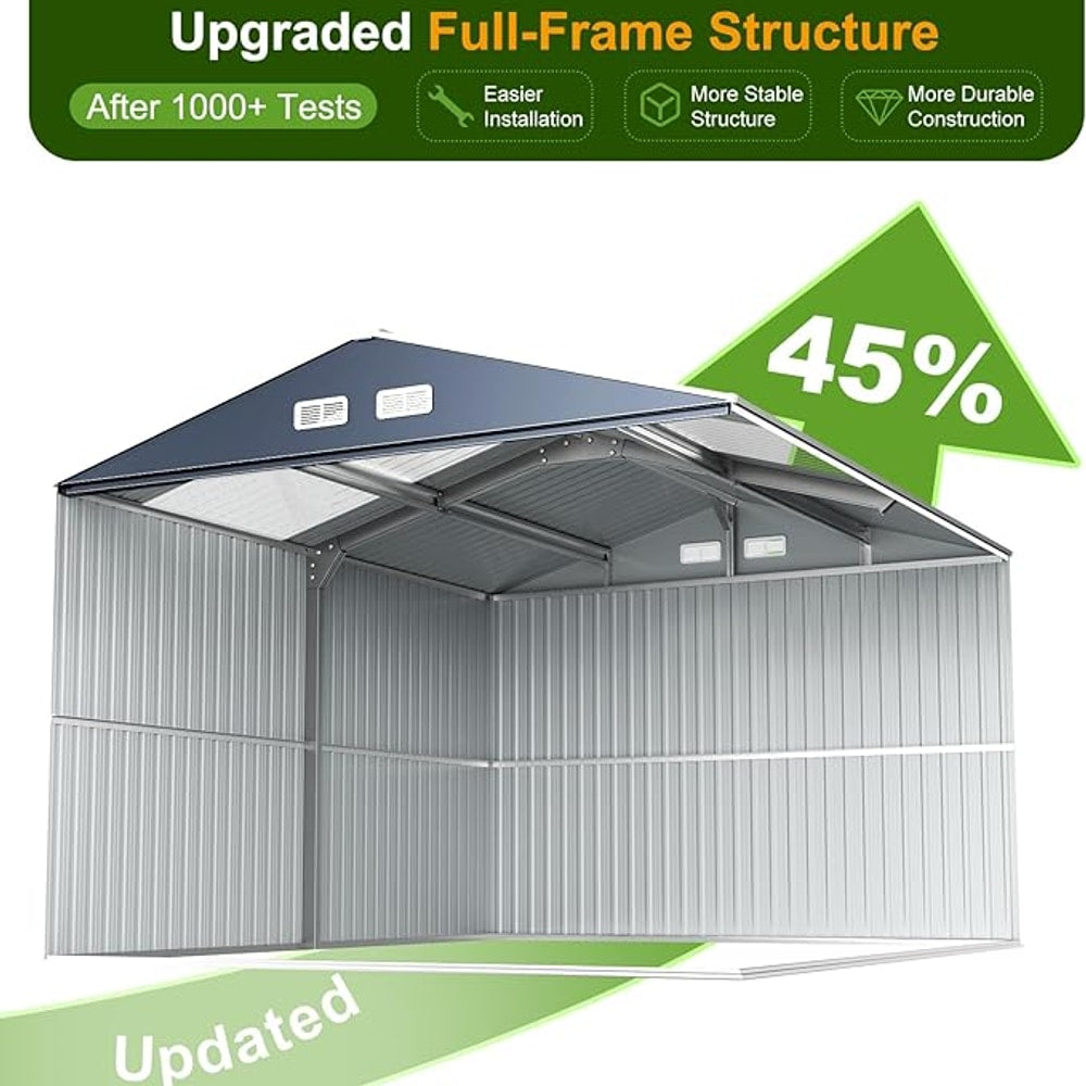 12x10 FT Metal Sheds & Outdoor Storage: Heavy Duty Garden Sheds with Dual Transparent Panels, DIY-installable Windows & Lockable Doors, Weatherproof Tool Shed for Backyard, Garden, Patio, Grey