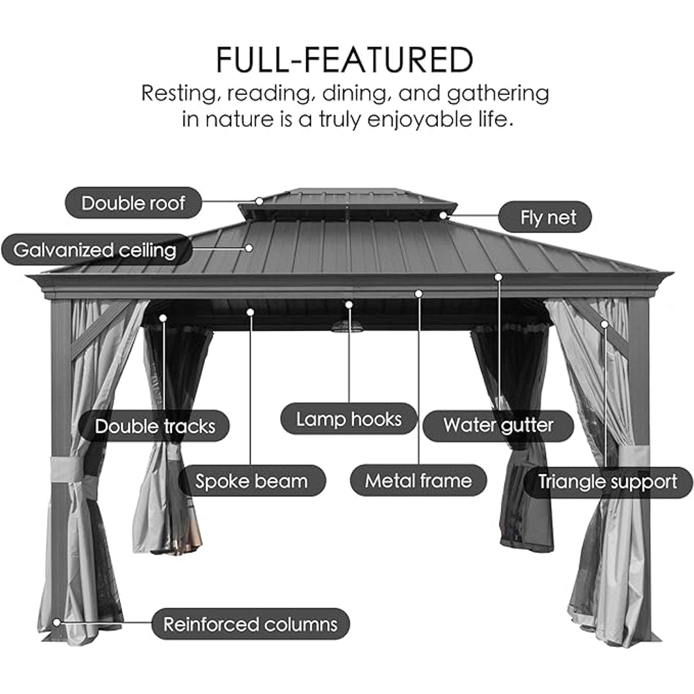 Kozyard Alexander 12' X 16' Hardtop Permanent Aluminum Metal Gazebo with Galvanized Steel Double Roof Canopy, Curtain and Netting Pavilion for Patio, Backyard, Deck, Lawn (Gray)