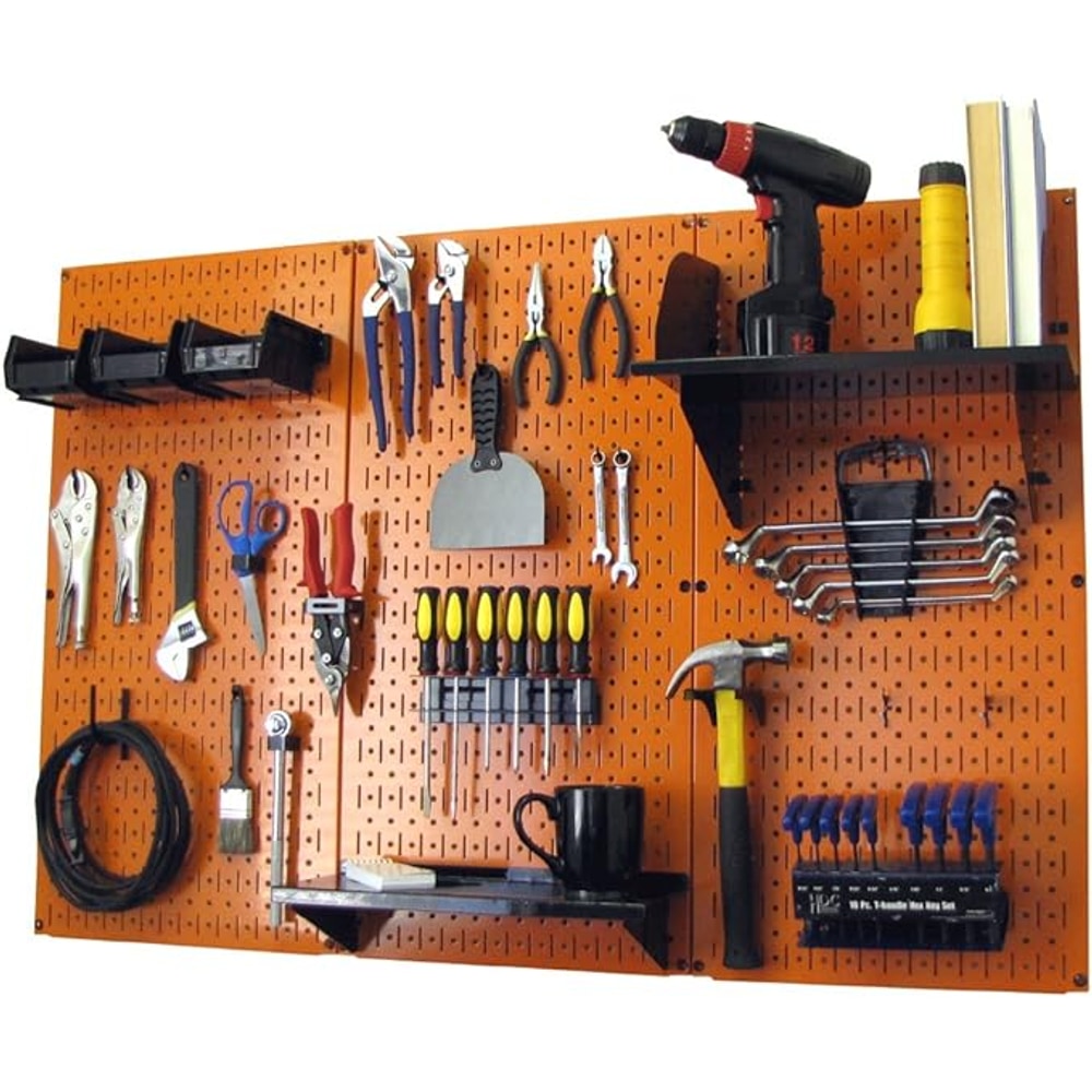 Wall Control 4 ft Metal Pegboard Standard Tool Storage Kit with Orange Toolboard and Black Accessories