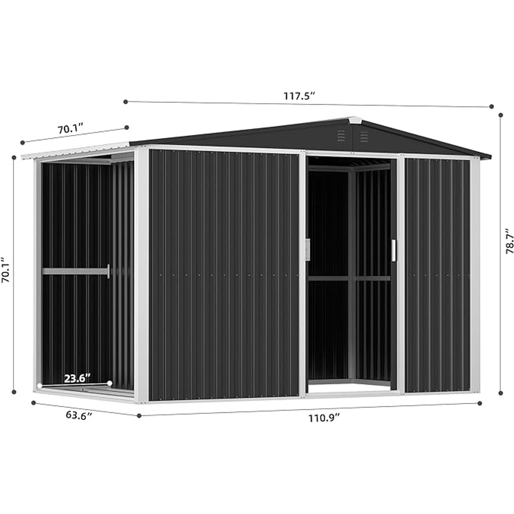 Metal Outdoor Storage Shed 10FT x 6FT with Firewood Storage, Steel Utility Tool Shed Storage House with Sliding Door, Metal Sheds Outdoor Storage for Backyard Garden Patio Lawn, Black