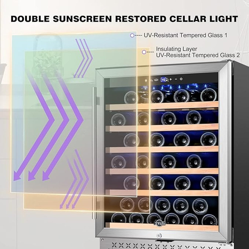 Tylza 24 Inch Wine Cooler Refrigerator, 51 Bottle Built-in or Freestanding, 24'' Fridge with Stainless Steel & Double Layer Tempered Glass Door and Temperature Memory Function