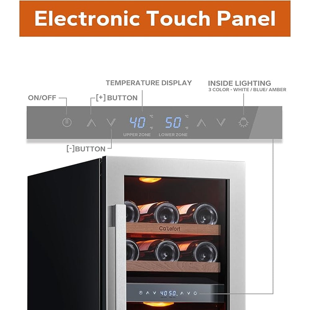 Ca'Lefort 15 Inch Wine Fridge, 28 Bottle Wine Cooler Refrigerator, 40-65°F Wine Refrigerator Glass Door, 3 LED Dual Zone Wine Fridge, Built-in or Freestanding Fridge for Home/Bar/Kitchen (3.0 cu.ft)