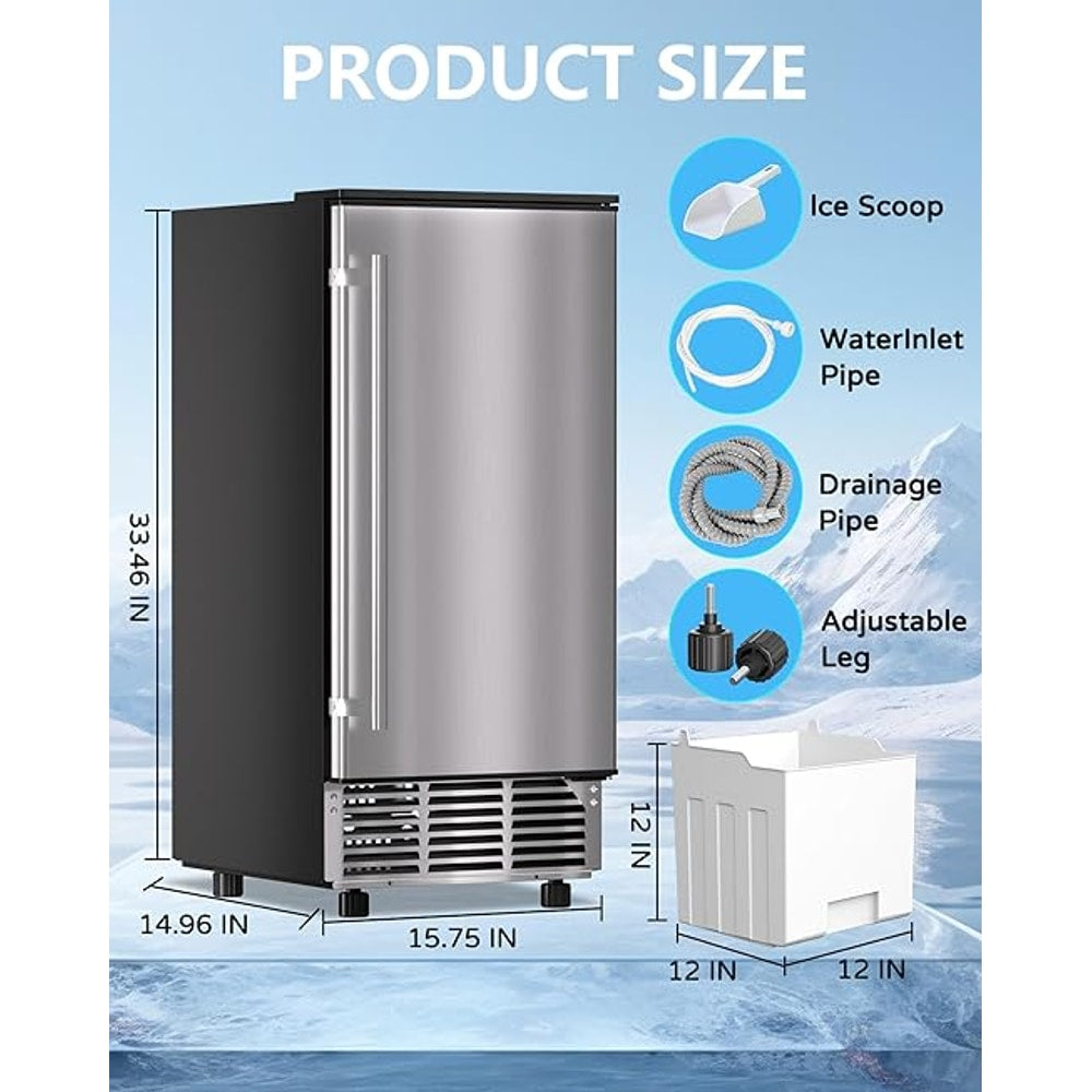 Commercial Ice Maker Machine Reversible Door 120LBS/Day, Undercounter Ice Makers 30LBS Storage Bin and 40 Ice Cubes, Icemaker Machine Brushed Metal with Water Line, Ice Scoop