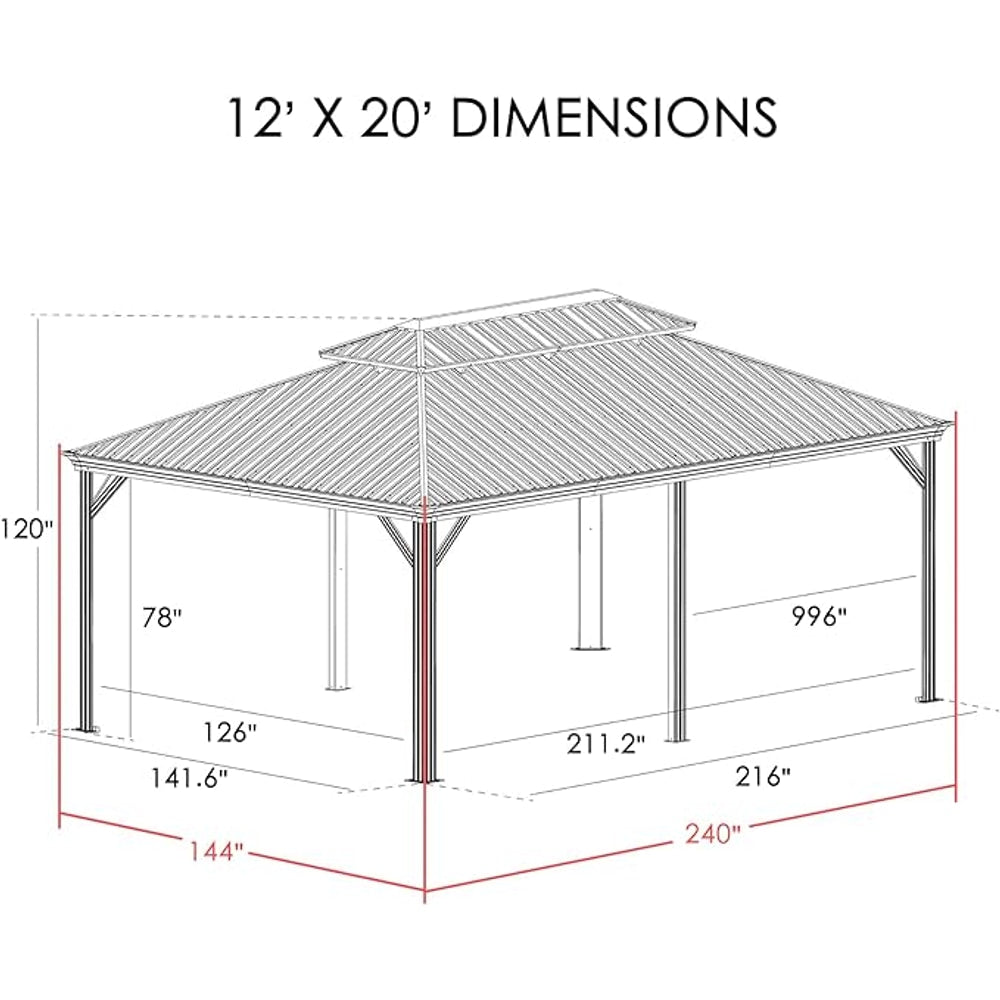 Kozyard Alexander 12' X 20' Permanent Aluminum Hardtop Gazebo with Galvanized Steel Double Roof Canopy, Curtain and Netting or Patio, Backyard, Deck, Lawn (Brown)