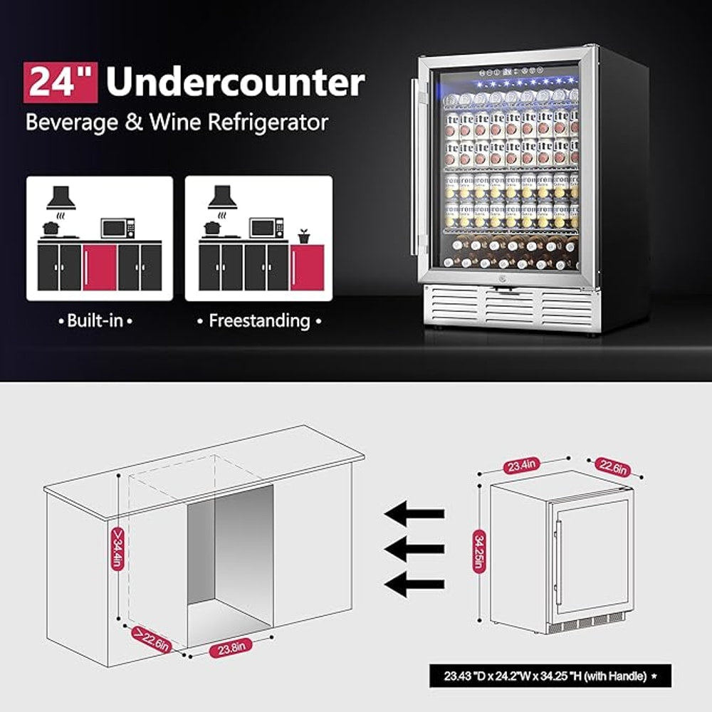 24 Inch Beverage Refrigerator, Beverage Cooler 180 Can Built-in Design, Under Counter Beer Fridge with Glass Door for Soda, Wine, Water - For Kitchen, Office or Bar