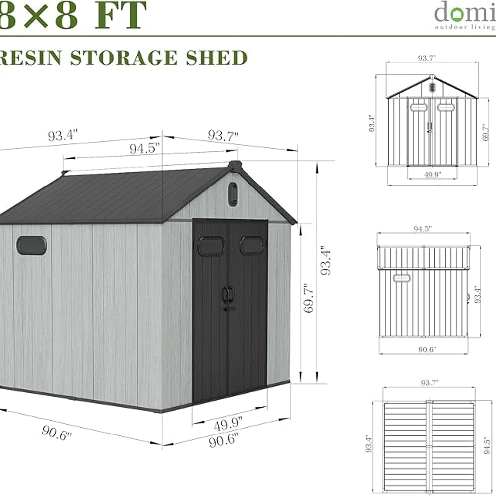 Domi 8x8FT Outdoor Resin Storage Shed with Transparent Windows & Louvered Vents, Plastic Tool Shed with Double Lockable Doors & Gable Roof, Outside Garden Shed for Backyard, Patio, Lawn, Grey
