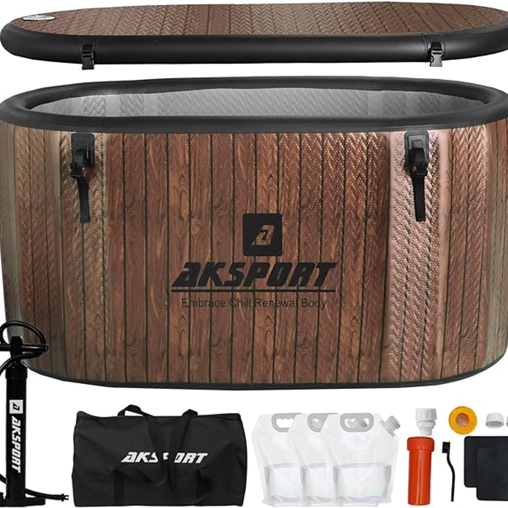 AKSPORT Ice Bath Tub for Athletes, 238 Gallons Inflatable Cold Plunge Tub Compatible with Water Chillers,Icebath for Recovery & Cold Water Therapy, Portable Bathtub for Indoor & Outdoor-Wood