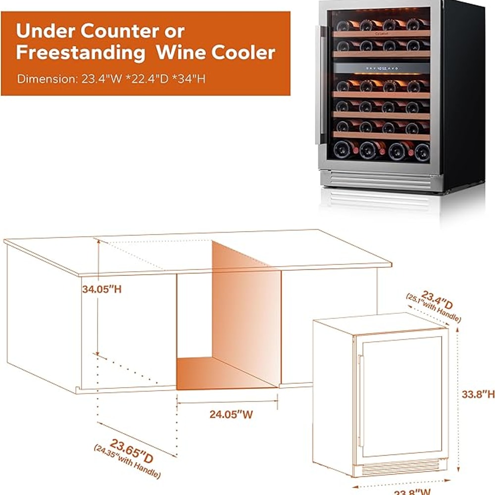 Ca'Lefort Wine Fridge & Cooler - 24 Inch 46 Bottle Wine Cooler Refrigerator, 40-65°F Dual Zone Wine Refrigerator Glass Door, 3 LED Built-in or Freestanding Fridge for Home/Bar/Kitchen (5.65 cu.ft)