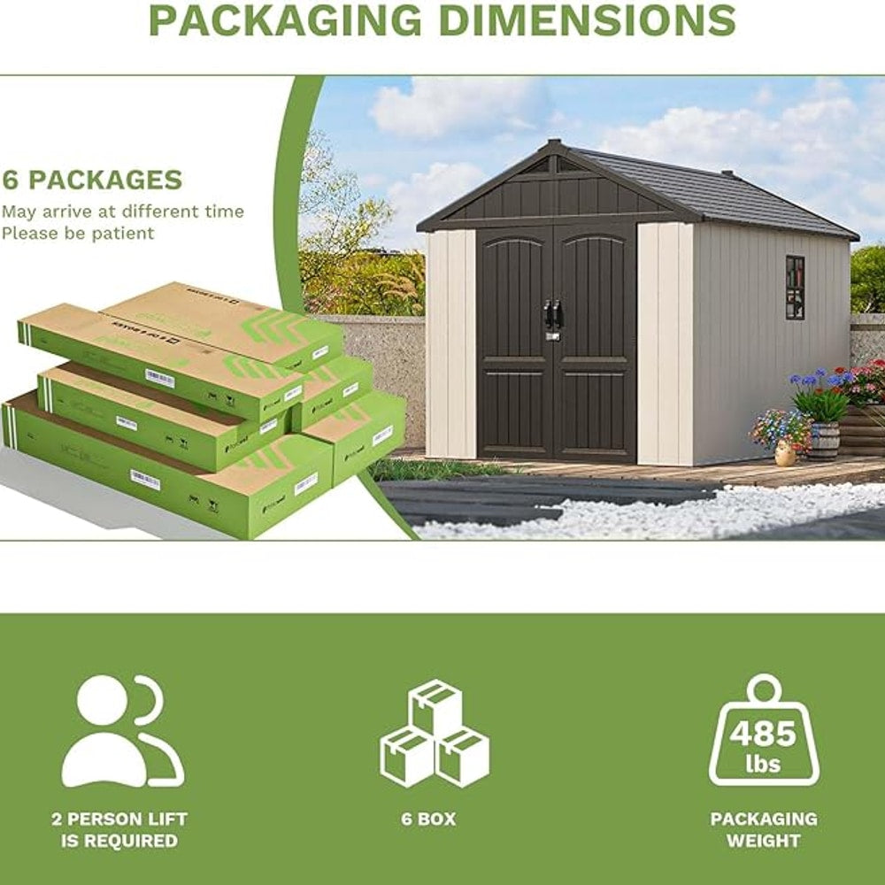 Patiowell 8 x 10 FT Resin Outdoor Storage Shed with Floor, Plastic Shed with Window and Lockable Door for Garden, Backyard, Tool Storage Use, Easy to Install in Beige (Kick-it Shed)